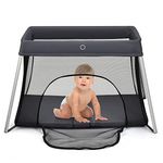 GYMAX Baby Travel Cot, 2 in 1 Portable Playpen Crib with Washable Mattress, Zipper Door and Storage Bag, Lightweight Infant Activity Play Center for 1-3 Years (Dark Gray)