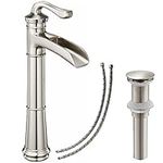 BATHLAVISH Vessel Sink Faucet, Waterfall Vessel Faucet, Brushed Nickel Tall Bathroom Faucet, Farmhouse Single Hole Single Handle Brush Nickel Vanity RV with Pop Up Drain Without Overflow