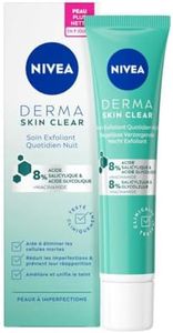 NIVEA Derma Skin Clear Soin Exfoliant Quotidien Nuit (1 x 40 ml), Soin de nuit 8% acides salicylique & glycolique & niacinamide, Crème visage anti points noirs pour peaux à imperfections