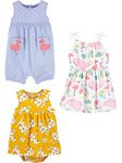 Simple Joys by Carter's Baby Girls' 3-Pack Romper, Sunsuit and Dress, Flamingo/Flowers/Sea Friends, 0-3 Months (Pack of 3)