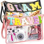 DILIBRA Chenille Letter Clear Bag, Large Preppy Letter Travel Toiletry Pouch Purse Bags with Zipper, Portable Nylon Makeup Cosmetic Tote Bag Wristlet Bag for Teen Women Gir, Pink Travel + Black Glam,