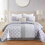 Y-PLWOMEN Floral Queen Quilt - 100% Cotton Lightweig 3 Piece Quilt Sets, Farmhouse Reversible Queen Bedspread, Lightweight Soft Quilts for All Season, Purple/White/Grey