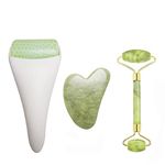 Chikoni 3 in 1 Ficial Face Ice Jade Roller and Gua Sha Tool, 100% Natural Real Jade Anti-Wrinkle Face Eye Neck Massager Reduces Wrinkles, Puffiness, Migraine, Redness, Pain and Injury