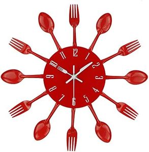 Timelike Kitchen Wall Clock, 3D Removable Modern Creative Cutlery Kitchen Spoon Fork Wall Clock Mirror Wall Decal Wall Sticker Room Home Decoration (Red)