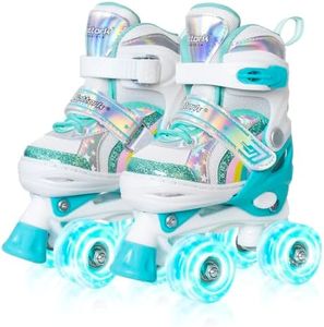 Girls Rainbow Unicorn Roller Skates for Little Kids Toddler Ages 3-5 3 4 5, 4 Size Adjustable Quad Skates with All Light Up Wheels - Best Birthday Gift for Outdoor Sports - Teal