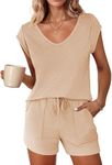 Ekouaer Pajama Sets for Women 2 Piece Comfy Short Sleeve Sleepwear Tops and Shorts Cute Pjs Lounge Set,Khaki,XX-Large