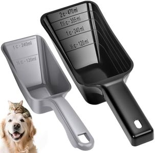 GNEOCO 2 Pack Dog Food Scoop with 1 Cup and 2 Cup Capacity, Plastic Pet Food Measuring Scoops with Clear Measurement Lines for Dogs, Cats & More,Dishwasher safe (Grey and Black)