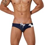 PANTEASY Menswear Stylish Sexy Dog Printed Design Stretchable Nylon Spandex Swimwear Frenchie Briefs (S, Dark Blue)