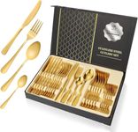 24-Piece Stainless Steel Cutlery Set, Mirror Polished Tableware with 6 Fork, 6 Knife, 6 Dinner Spoon & 6 Salad Spoon, Dishwasher Safe, Suitable for Housewarming Gift, Dining Table Decor (Golden)