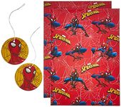 UK Greetings Marvel Spiderman, Superhero, Birthday Boy Wrapping Paper,Red,2 sheets, 2 tags