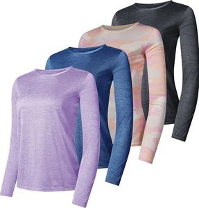 Real Essentials Womens Quick Dry Fit Tech Stretch Long Sleeve Athletic Workout Ladies T-Shirt Tee Top Running Swim Gym Active Wear Crew Exercise Just My Plus Size Yoga Exercise, Set 8, 3X, Pack of 4