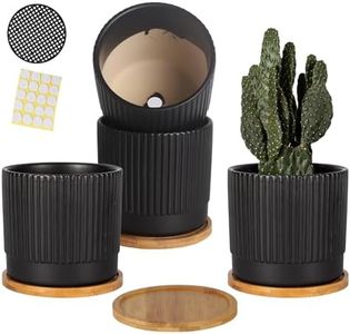 TAMAYKIM 5.5" Ceramic Plant Pots with Drainage Holes, Modern Indoor Planters with Bamboo Saucer for Aloe, Succulent, Snake Plants, Cactus & Herbs, Black, Set of 4