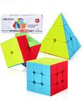 ROXENDA Speed Cube Set, 2X2 3X3 Pyramid Speed Cube Stickerless Fast Cube with Instruction (Stickerless cube set)