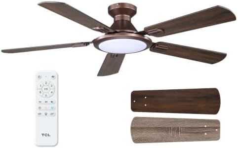 TCL 52" Ceiling Fan with Light: Wood Grain Blades Copper Bronze Finish Low Profile Ceiling Fan with Light and Remote Control Flush Mount DC Reversible Motor Noiseless 6 Speeds Ceiling Fan for Bedroom
