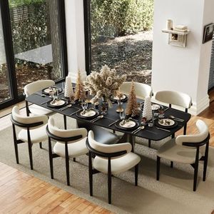 POVISON Dining Table Set for 8, PU Dining Chairs Set of 6 with Matte Black Sintered Stone Dining Table,Grey Carbon Steel Base(94" Dining Table + 8 Chairs)