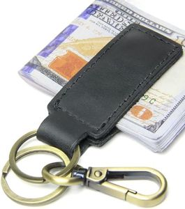 RUNROLE Genuine Leather Magnetic Money Clip with Car Keychain, Cash Card Holder, Slim Leather Money Clip for Men and Women(Black)