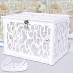 OurWarm White DIY Wedding Card Box with Slot, PVC Hollow Wedding Envelope Box with Lock and Card Sign, Money Box Gift Card Box for Wedding Reception Birthday Baby Shower Graduation Party Supplies