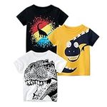 OFIMAN Little Boys 3-Pack Dinosaur Short Sleeve T-Shirt 100% Cotton Toddler Kids Tops Tee Size 2-7 Years (Black/Yellow/White, 120cm/5T)