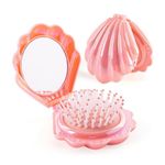 MAYCREATE® Portable Comb, Pink Seashell Folding Hair Brush with Scalp Massage Comb and Built-In Mirror Compact Travel Hair Brush for On-the-go Touch Ups