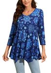 Enmain Womens Tunic Tops V Neck Ladies Long 3/4 Sleeve Tunics for Leggings Casual Pattern Print Hanky Hem T Shirt Blouse Swing Top,Blue,XL