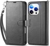 TUCCH Case Wallet for iPhone 16 Pro, [Wrist Strap] RFID Blocking 4 Card Slots Kickstand [Shockproof TPU Shell], PU Leather Magnetic Flip Cover Compatible with iPhone 16 Pro, Black with Wristlet