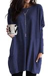 GRASWE Women Round Neck Casual Shirts Top Loose Fitting Long Sleeve Pullover Tops Navy Blue L