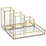 Tolida Gold Glass Combined Cosmetic Box with Stackable Makup Brush Holer and Jewelry Tray, Cosmetic Brush Eyeliner Display, Pen Pencil Holder with Mirrored Vanity Tray for Dresser Bathroom Bedroom