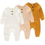 Newborn Baby Boys Girls One Piece Romper With Mitten Cuffs 3 Pack Long Sleeve Ribbed Button Jumpsuit Outfit Clothes white+apricot+yellow 3 months