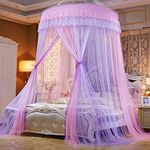 Mengersi Bed Canopy Mosquito Net - Princess Elegant Lace Round Sheer Mesh Bed Curtains - Princess Dome Bedding Net for Twin Full Queen King Size (Pink and Purple)