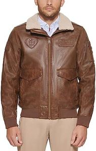 Tommy Hilfiger Men's Faux Leather Bomber Jacket, Saddle/Patches, Large