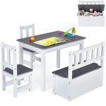 GYMAX Wooden Kids Table and Chair Set, Children Activity Desk with 2 Chairs & Storage Bench, 4-Piece Toddler Furniture Set for Arts Crafts Reading Eating (Grey)