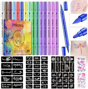 Tatuaje Temporal 15 Marcadores Corporales 64 Plantillas de Tatuaje Grandes 2 Hojas de Pegatinas Luminosas para Niños y Adultos, Rotuladores de Tatuaje de Doble Punta para Piel ZYH2310001KIT