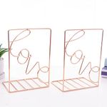 Rose Gold Metal Wire Bookends for Shelves, Decorative Book Ends Book Supports Stopper for Home Office (Love)