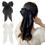 Beayuer Big Bow Hair Clips 2 Pcs Solid Color French Large Bowknot Hairpin with Long Silky Satin Tail Simple Hair Fastener Accessories Hair Barrettes for Girls Women (Black, Milk White, 2 Pcs)