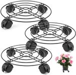 TKINRIC 3 Pack 10.6""Round Metal Plant Caddy,Black Metal Plant Stand with Break Wheels,Heavy Duty Plant Caddy Stands Rolling Plant Stand for Indoor, Outdoor, Garden, House