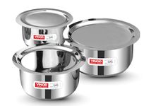 Vinod Stainless Steel Tope Set with Lid - 3 Pcs | 1.4, 1.8, & 2.2 litres | Patila Cookware Set Combo, Even Heat, Heavy Sandwich Bottom, Induction Compatible for Boiling and Cooking - 2 Year Warranty