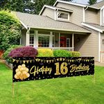 Happy 16th Birthday Banner Decorations for Boys Girls, Black Gold 16 Birthday Signs Party Supplies, Sweet 16th Birthday Party Decor for Outdoor Indoor