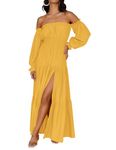 ZESICA Women's 2024 Boho Sexy Off Shoulder Long Sleeve Smocked High Waist Side Split Flowy A Line Tiered Long Maxi Dress, Yellow, X-Large