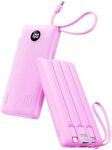 VRURC Portable Charger 10000mAh, Slim LED Display Power Bank, 5 Output 2 Input Cell Phone Battery Pack,Built-in Micro & USB C Cables Phone Charger Compatible with iPhone,Samsung,Android-Purple(1 Pack)