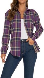 GUANYY Women's Plaid Shirts Long Sleeve Button Down Blouse Flannel Shirt Loose Fit V Neck Tops Dark Violet Large