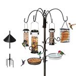 Ointo Garden 6-Hook Bird Feeding Station, Steel Multi-Feeder Kit Stand for Attracting Wild Birds w/ 4 Bird Feeders, Bird Bath, Mesh Tray and Squirrel Guard Baffle，94 Inch