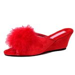 DUNLOP Ladies Famous Boa Jewelled Wedge Heel Mule Slippers UK Size 3,4,5,6,7,8, (Red, UK Footwear Size System, Adult, Women, Numeric, Medium, 5)