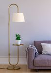 Divine Trends Modern Table Shelf LED Floor Lamp Standing Brass Antique Finish Gold 5Ft Height With Shelf Diameter 10 Inches And Off White Lampshade (Pack Of 1)