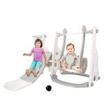 WWUIUIWW 4-in-1 toddler climber and swing set, extra-long slide, safety belt, children's play climbing slide set with basketball stand, indoor and outdoor backyard baby slide set (White)