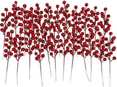 KPUETY Artificial Berry, 24 pcs Christmas Berries Stems, Artificial Christmas Picks,Artificial Berries Stems for Xmas Tree Ornaments Wreath Decorations Home (Red)