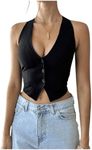 GORGLITTER Women's Fashion Cropped Vest Tops Sexy Backless Halter Tops Going Out Button Down Tank Tops Black Medium