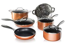 Gotham Steel Copper Cast 10 Piece Pots and Pans Set with Ultra Nonstick Diamond Surface, Includes Frying Pans, Stock Pots, Saucepans & More, Stay Cool Handles, Oven & Dishwasher Safe, 100% PFOA Free