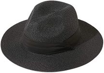 Lanzom Women Wide Brim Straw Panama Roll up Hat Fedora Beach Sun Hat UPF50+ (02-fold Belt Black)