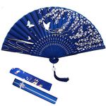 VEGCOO Hand Folding Fan, Silk Fabric Fan Handheld Folding Fan With Lotus Pendent/Silk Fan Bag/Fan Gift Box，Hand Fan for Party Gift Wedding Decoration (Blue)