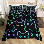 Erosebridal Neon Black Cat Bedding Set Queen for Girls Kids Boys,Colorful Funny Cat Duvet Cover Kawaii Room Decor,Cartoon Cats Comforter Cover for Cat Lovers,Gradient Line Bed Set Reversible 3Pcs